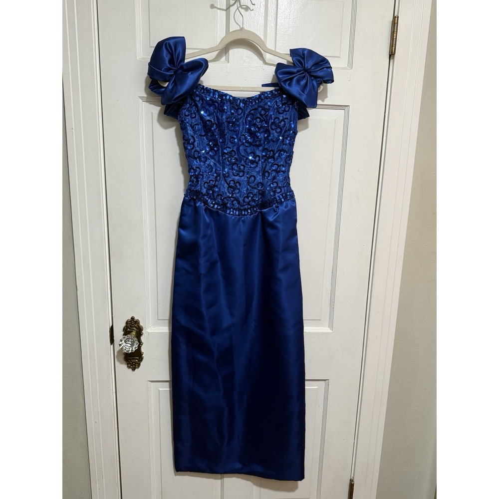 Vintage Blue Sequin Formal 1980s Prom Homecoming Pageant Long Size 4